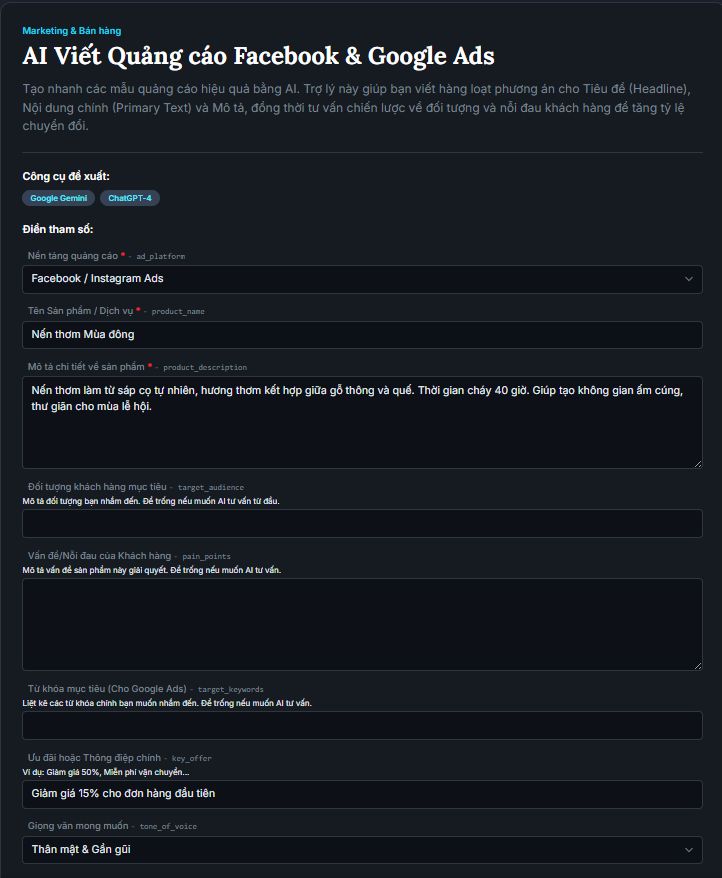 Giao diện Prompt-015 với ô điền Ưu đãi/Thông điệp chính và Giọng văn