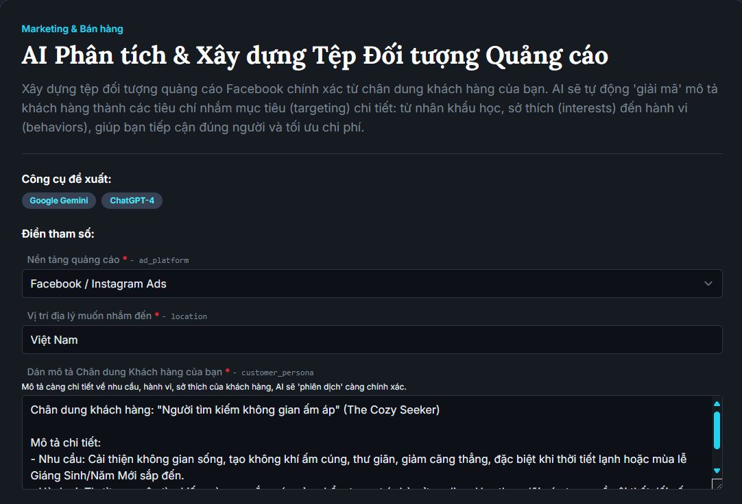 Giao diện Prompt-016 với ô điền Mô tả Chân dung Khách hàng