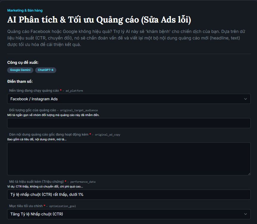 Giao diện Prompt-017 với ô điền Dữ liệu hiệu suất (Triệu chứng)