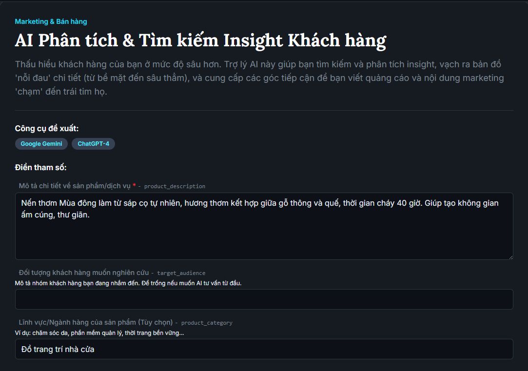 Giao diện Prompt-021 với các ô điền thông tin sản phẩm và lĩnh vực